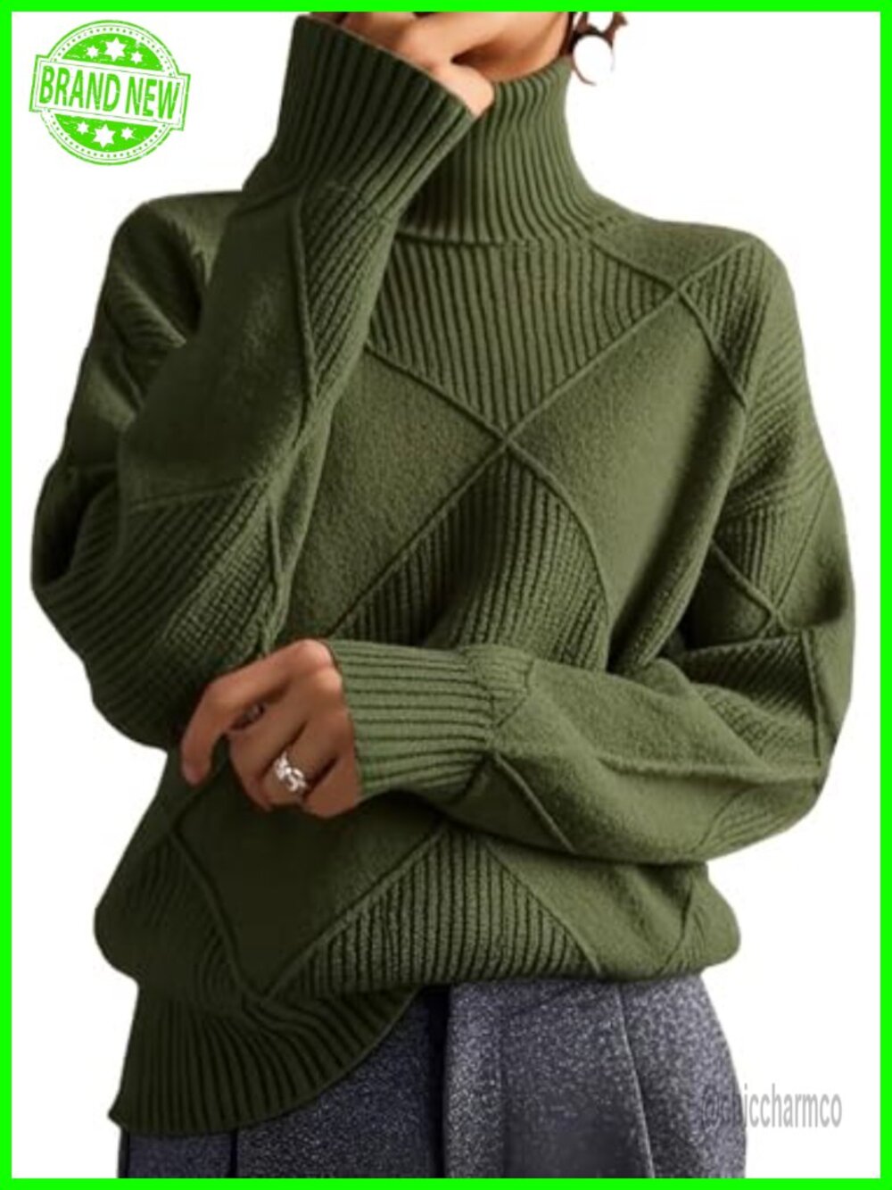 Women's Oversized Cable Knit Turtleneck Pullover Sweater Cozy Winter